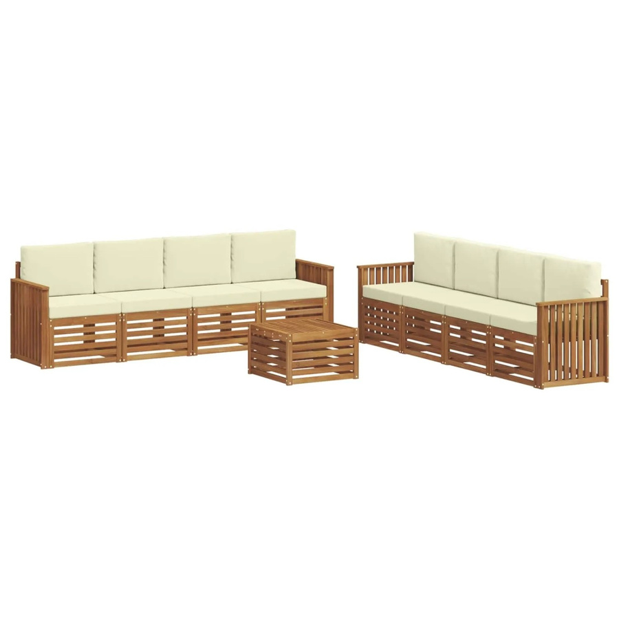 vidaXL Sofagarnitur 9-teilig aus Massivholz Akazie in Natur und Creme mit Tisch, Sesseln und Kissen im modernen Latten-Design - Bild 2