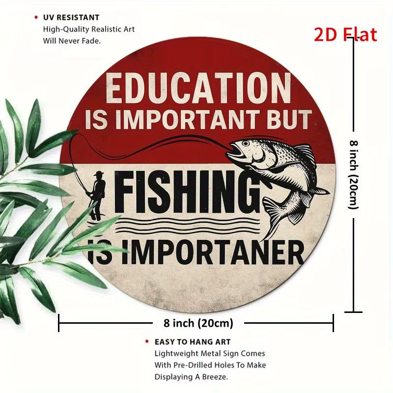 Potdemiel Metallschild im Vintage-Stil Education is Important But Fishing is Importanter, rund, Durchmesser: 19,81 cm, Rot und Weiß - Bild 3