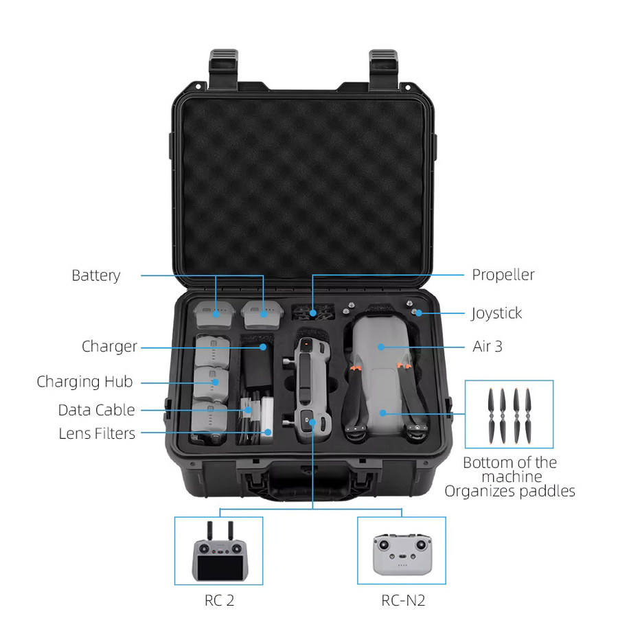 DJI Hartschalen-Aufbewahrungskoffer für DJI Air 3 und DJI Air 3S inklusive RC 2 und N2 Zubehör, Schwarz - Bild 2