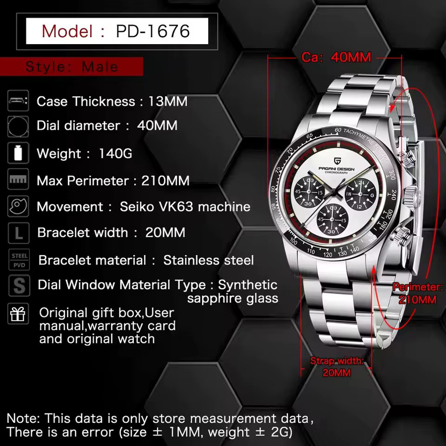 PAGANI DESIGN Chronograph, Quarz, Edelstahl, Saphirglas, Herren, Schwarz, Weiß - Bild 5