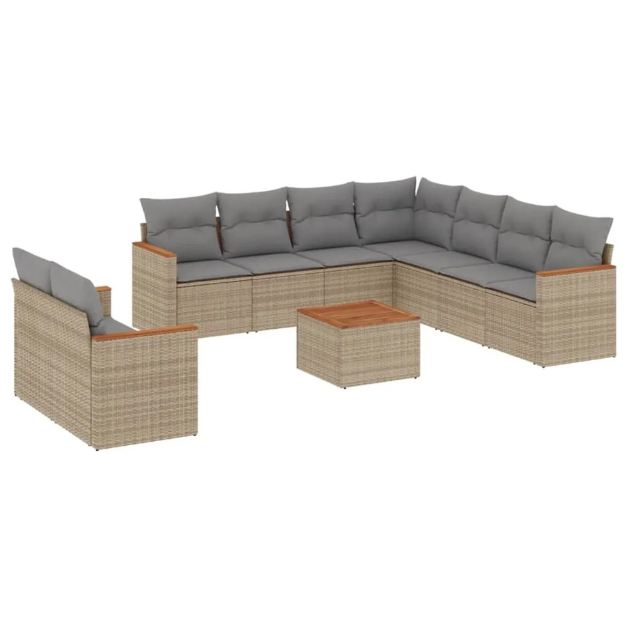 vidaXL 10-tlg. Garten-Sofagarnitur in L-Form aus Poly-Rattan und Akazienholz mit Kissen in Beige - Bild 2