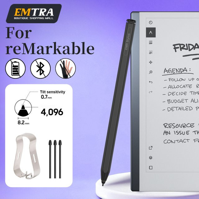 EMTRA EMR Stylus-Stift für reMarkable 2 in Schwarz mit 4096 Druckempfindlichkeitsstufen, Eraser-Funktion, Handballenerkennung und Neigungserkennung - Bild 1