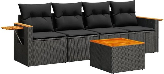 vidaXL 5-tlg Garten-Sofagarnitur aus PE-Rattan und Akazienholz in Schwarz mit Kissen - Bild 1