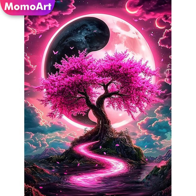 Momoart 5D Diamant-Mosaik Baum-Landschaft DIY Kreuzstich-Stickerei in Pink, B/H: 30 x 30 cm - Bild 1