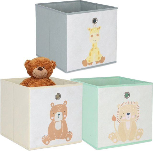 Relaxdays Kinder Aufbewahrungsboxen 3er Set aus Vlies und Pappe in Bunt, B/T/H: 30 x 30 x 30 cm - Bild 1