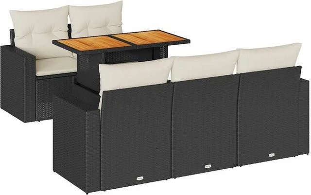 vidaXL 6-teilige Garten-Sofagarnitur aus Poly-Rattan und Akazienholz in Schwarz-Creme mit Kissen - Bild 1