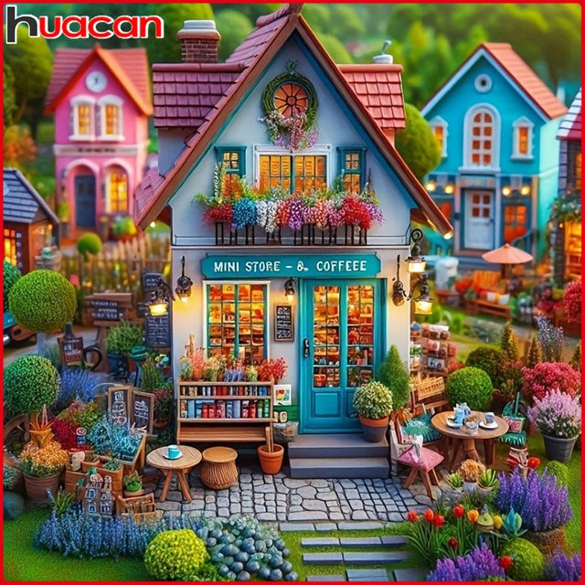 Huacan Diamantmalerei Landschaft mit Haus und Garten als dekoratives Mosaik-Gemälde in Mehrfarbig mit Rundbohrern - Bild 1