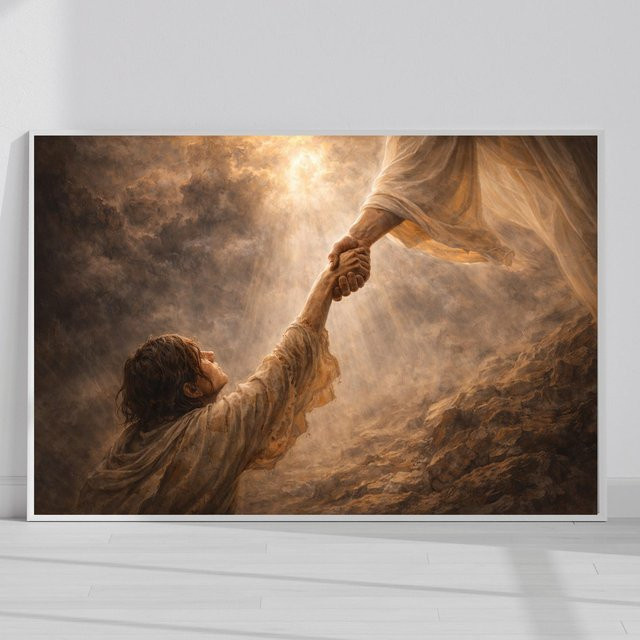 Christliche Leinwand Wandkunst Jesus reicht die Hand Motiv Erlösung und Heilung, Mehrfarbig, Breite: 50 cm, Höhe: 75 cm - Bild 1