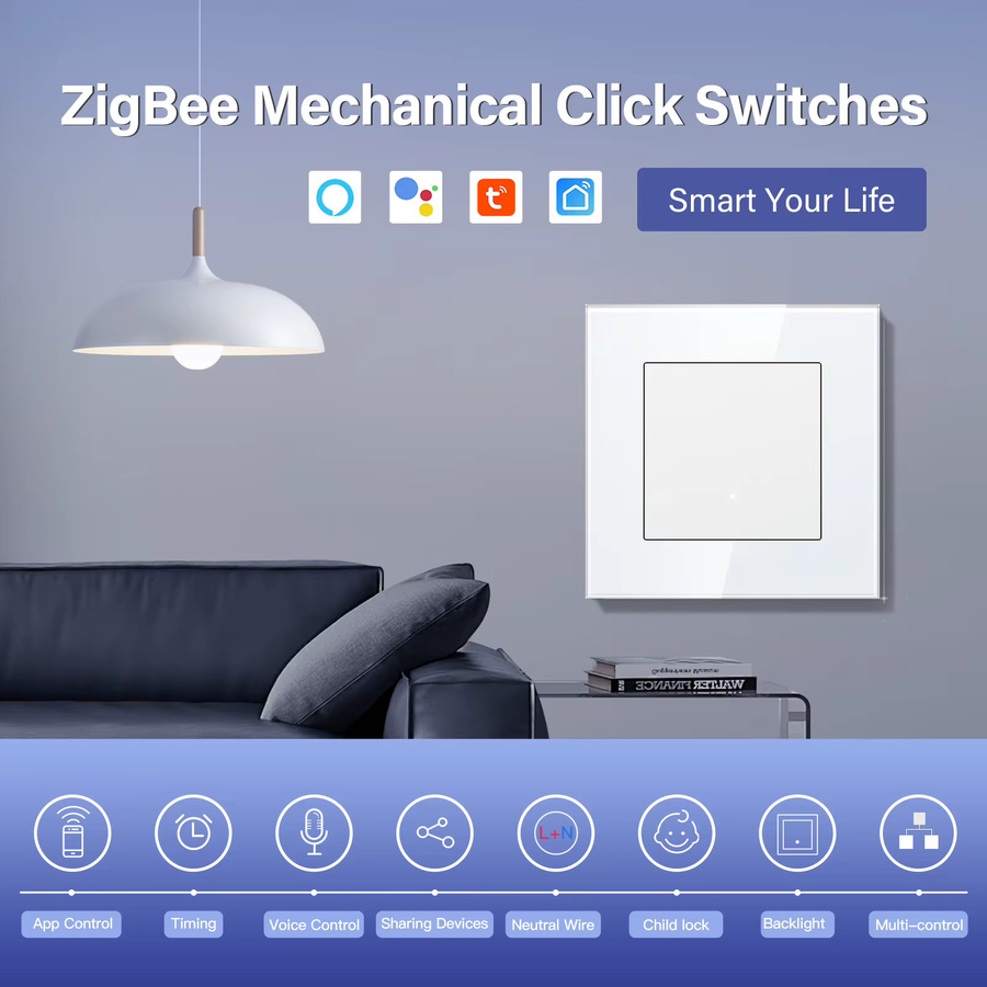 Bseed Zigbee Smart Lichtschalter mit Neutralleiter, Tuya Smart Life & Alexa App-Steuerung, Glasrahmen, Weiß, B/H: 8,6 x 8,6 cm - Bild 2
