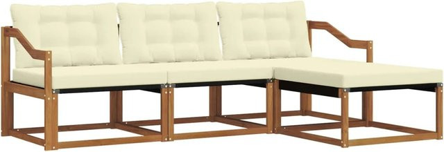 vidaXL Outdoor-Sofagarnitur 4-teilbig L-Form aus Akazienholz mit Kissen in Beige und Weiß - Bild 1