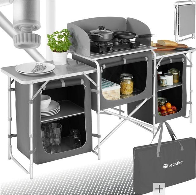 tectake Campingküche XXL in Grau mit Aluminiumgestell, Windschutz und 5 Fächern, faltbar, B/T/H: 172 x 52 x 104 cm - Bild 1