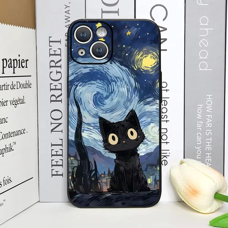 Handyhülle Jamular Künstlerische Schwarze Katze Sternennacht für iPhone 15 14 13 12 Pro Max Mini SE Plus Weiche Schutzhülle in Schwarz und Multicolour - Bild 1