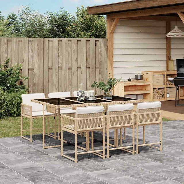 vidaXL 7-tlg Garten-Essgruppe aus Poly-Rattan mit Kissen und Hartglas, Beige, B/T/H: 106 x 73 x 73 cm - Bild 2