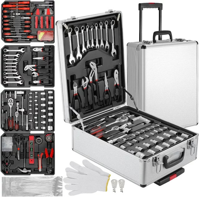 799-teiliges Werkzeugset mit Aluminiumkoffer in Silber, inklusive Zangen und Schraubenschlüsseln aus Cr-V für Werkstatt und Haushalt - Bild 1