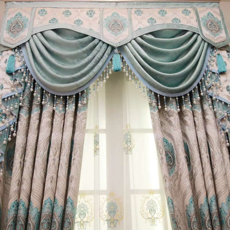 Luxuriöse Vorhänge im französischen Retro-Stil mit floralem Muster in Blau, halbtransparent und aus Samt - Bild 1