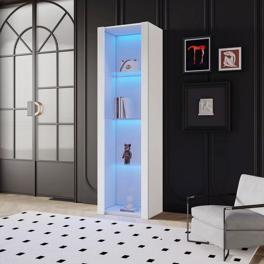 KOMHTOM Hochglanz-Vitrine in Weiss mit LED-Beleuchtung und 3 Glasböden, Standvitrine und Hochschrank, B/T/H: 55 x 38 x 166 cm - Bild 2