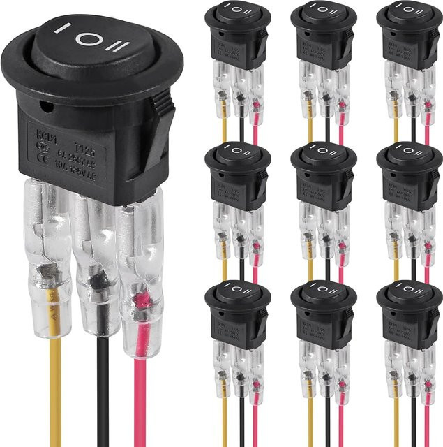 AOKIN 10er Set Wasserdichte 3-Wege-Rundwippschalter 12V Schwarz mit Kabeln, 3-Pin 3-Positionen EIN/AUS/EIN SPDT Kippschalter 6A/250V AC 10A/125V DC - Bild 1