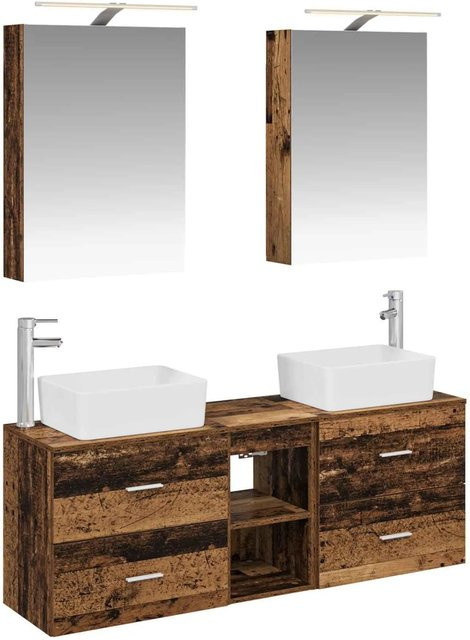 vidaXL Badezimmermöbel-Set 5-teilig aus Altholz und Glas in Braun mit LED-Spiegelschrank und Waschtischunterschrank - Bild 1