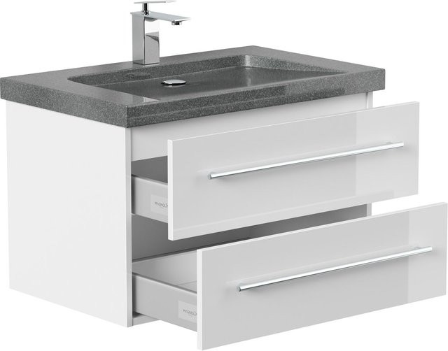 Posseik Badmöbel Granit G654 YAMO Waschtischunterschrank in Weiß Hochglanz mit 1 Hahnloch und SoftClose, Breite: 75 cm - Bild 1