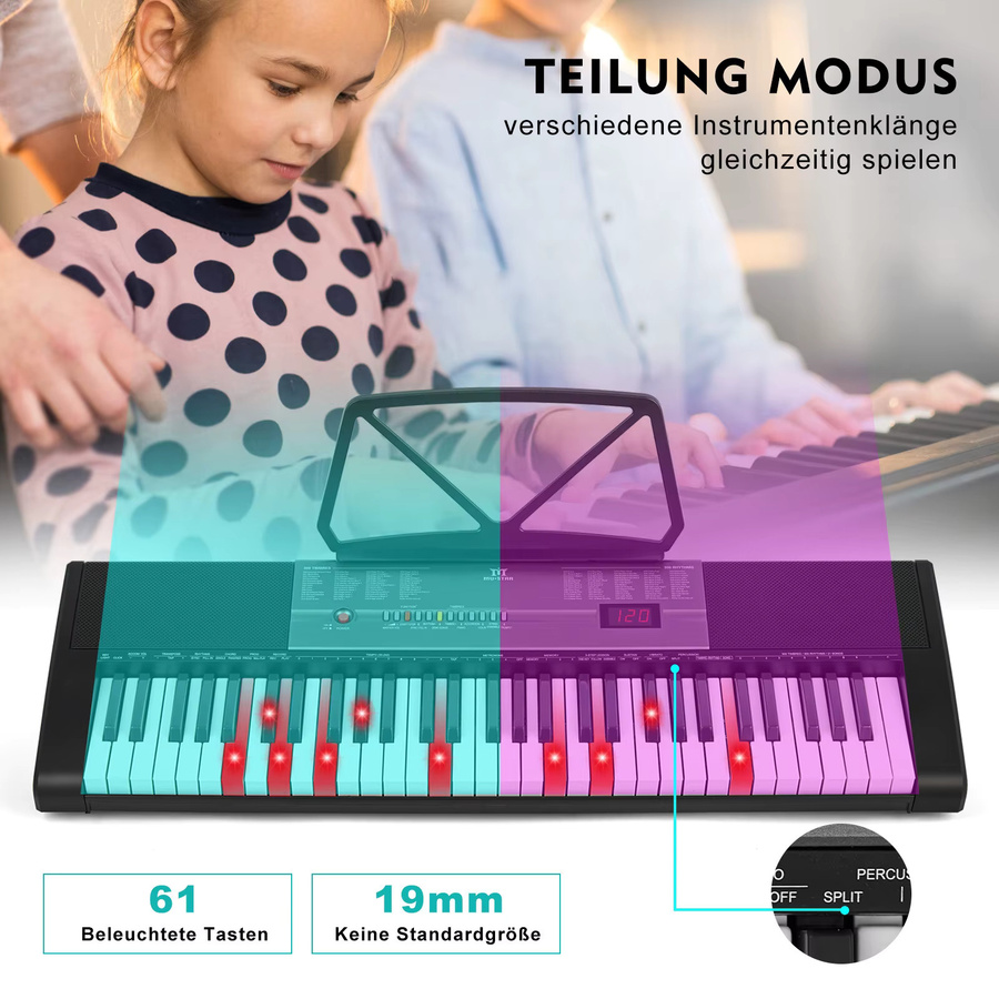 MUSTAR Digitales Klavier Keyboard mit 61 Tasten und Leuchttasten in Schwarz für Anfänger mit intelligenter Lernfunktion - Bild 3
