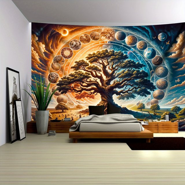 VIKAMA Kosmischer Baum des Lebens Wandteppich, abstrakter Boho Wandbehang in Multicolour - Bild 1