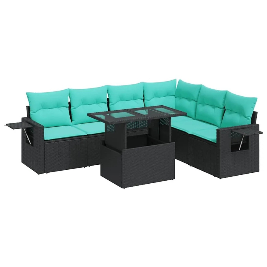 vidaXL 7-teilige Garten-Sofagarnitur in L-Form aus Polyrattan und Akazie mit Kissen, Schwarz - Bild 2