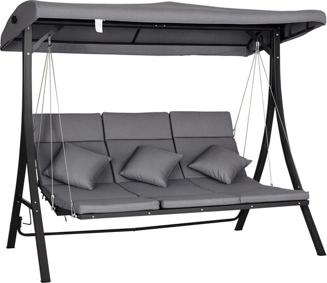 Outsunny Hollywoodschaukel 3-Sitzer mit verstellbarem Sonnendach und abnehmbaren Kissen, Grau-Schwarz, B/T/H: 198 x 118 x 168 cm - Bild 1