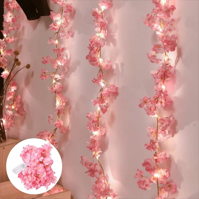 Künstliche Kirschblüten Girlande mit warmweißen String Lights in Pink für Hochzeit und Party Dekoration - Bild 1