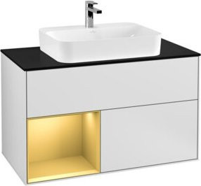 V&B Waschtischunterschrank Finion 100 in Weiß lackiert mit Regalelement links und Goldgriffen, B/T/H: 100 x 50,1 x 50,1 cm - Bild 1