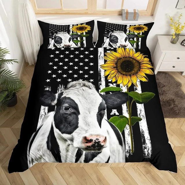 Lodestar Bettwäsche-Set mit Kuh-Print und Karomuster, Schwarz, B/H: 140 x 210 cm - Bild 1