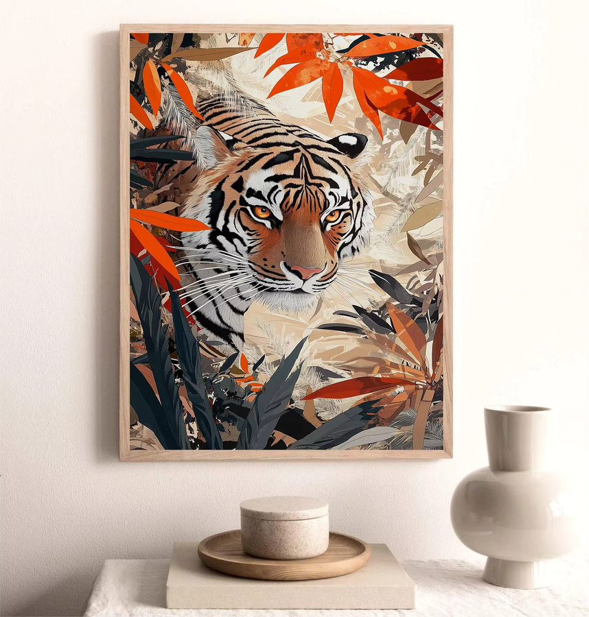 Potdemiel Retro Illustration Poster Japanische Waldtierwelt Fierce Tiger Leinwand Wandkunst Bild Mehrfarbig - Bild 4