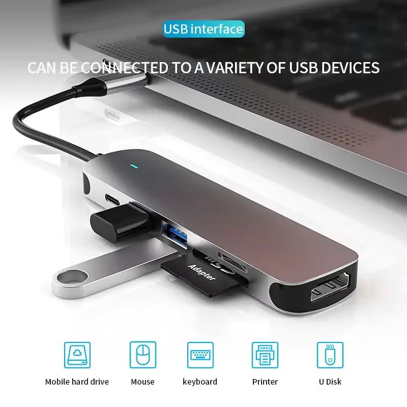 Basix USB-C-Hub Adapter in Grau mit 100 W PD Anschluss, 4K-Kompatibilität und SD-TF-Kartenleser für MacBook Air, iPad Pro und Smartphones - Bild 5