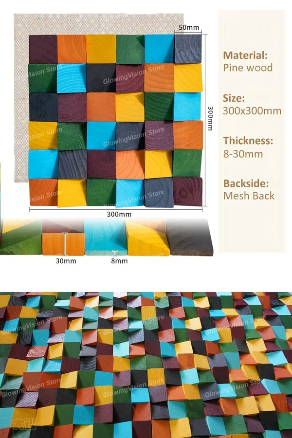 Mosecor 3D-Kunst-Wanddekoration aus Massivholz in Multicolour, Akustischer Diffusor und Mosaikfliese Wandpaneel, Breite: 30,0 cm, Höhe: 30,0 cm - Bild 6
