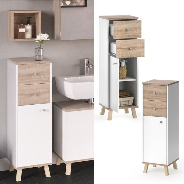 Vicco Midischrank Senyo Badschrank in Weiß und Sonoma mit 2 Schubladen, Breite: 30 cm, Höhe: 95 cm - Bild 1