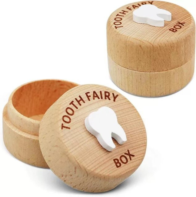 LGFU Baby Zahn Aufbewahrungsbox aus Holz, Runde Milchzahn Sammlerbox für Jungen und Mädchen - Bild 1