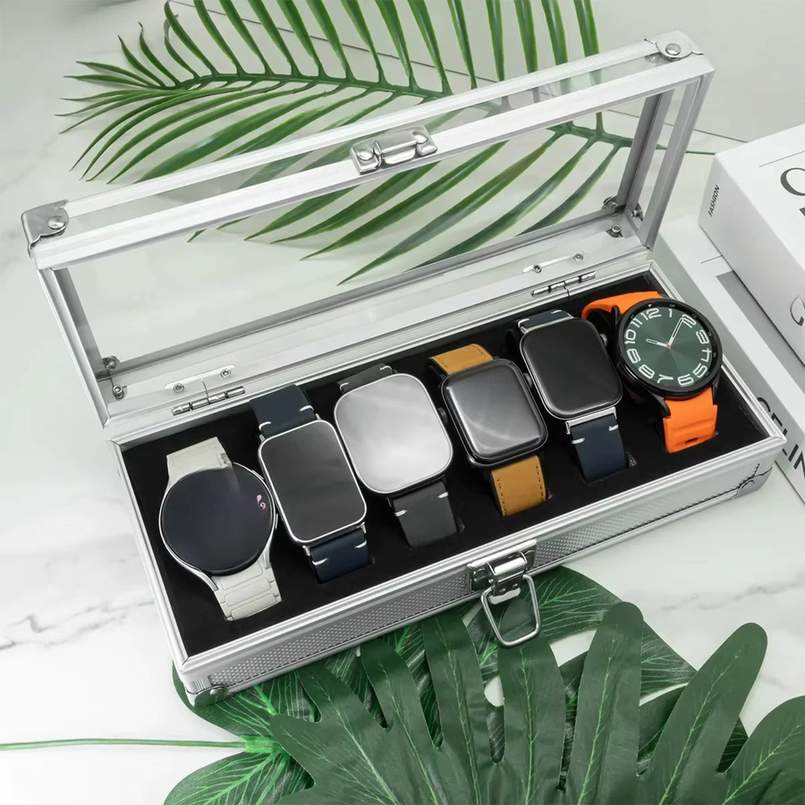 CAOWTAN Uhrenbox aus Aluminium in Silber mit 12 Fächern und Wildleder-Inlay, rechteckige Schmuck- und Uhren-Aufbewahrungsbox - Bild 5