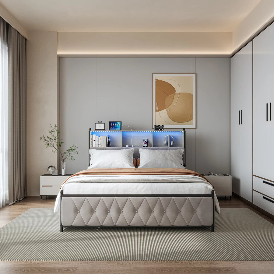 Rosahqnda Modernes Polsterbettgestell in Beige mit Schubladen, LED-Bücherregal-Kopfteil, USB-Anschlüssen und Unterbettbeleuchtung, B/T: 140 x 200 cm - Bild 2