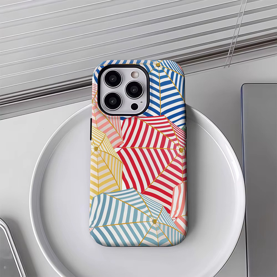 Bunte gestreifte Handyhülle mit Regenschirm-Design für Apple iPhone 17 16 15 14 13 12 Pro Max Plus mit doppelschichtiger Rückseite in Multicolour - Bild 3