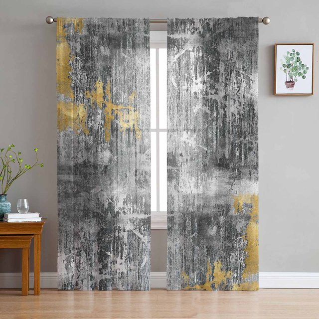 Super Six Transparentes Tüll-Vorhang mit abstraktem Design in Schwarz und Grau, B: 135 cm, H: 114 cm - Bild 1