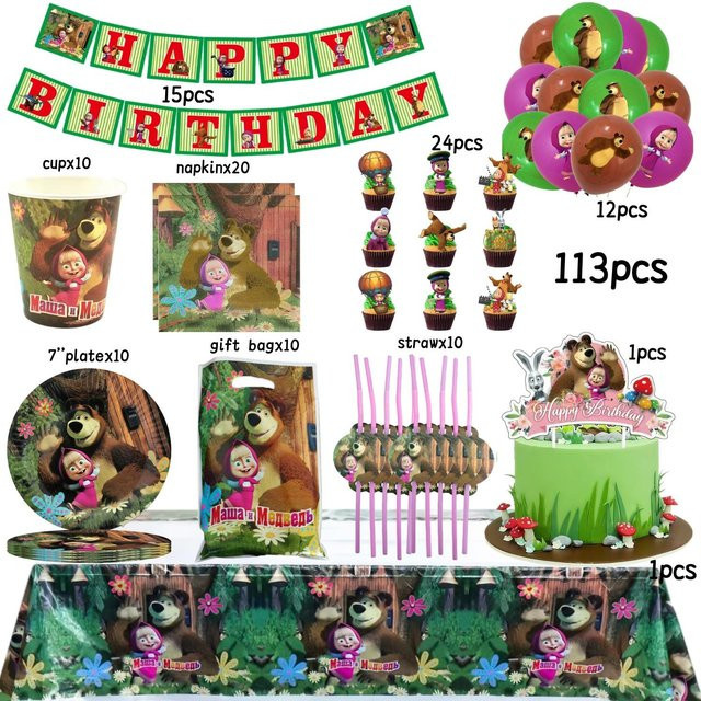 Fashnics Party Dekoration Set Mädchen und Bär in Mehrfarbig für Geburtstag und Babyparty mit Tellern, Tischdecke, Bechern, Servietten und Geschenkbeuteln aus Papier - Bild 1
