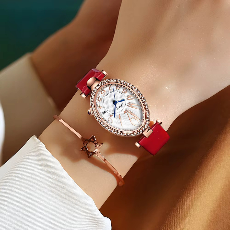 CHENXI Armbanduhr, Quarz, Leder, Roségold, Grün, Damen - Bild 3