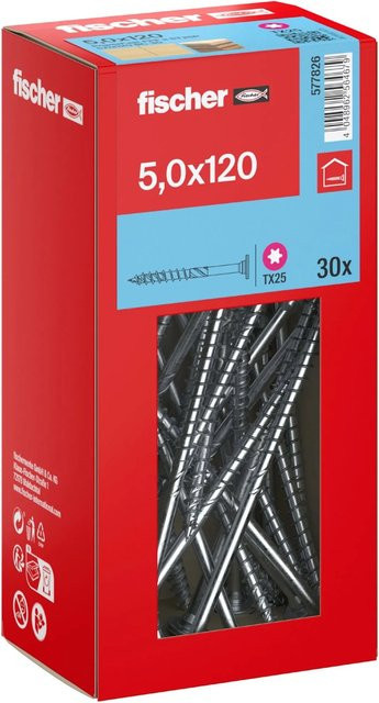 Fischer Holzbauschraube mit Stufensenkkopf und Torx TX25, verzinkt, Durchmesser: 5 mm, Länge: 120 mm, 30 Stück - Bild 1