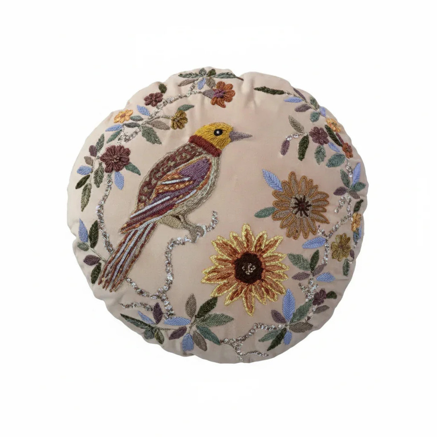House of Nature Rundes Samtkissen Landeck mit Vogel- und Blumenmotiven in Gelb, Lila, Blau und Grün, Durchmesser: 45 cm - Bild 1