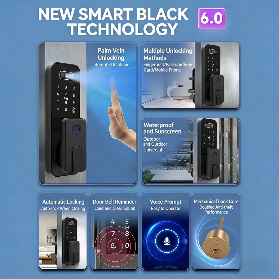 ZhdCookey Intelligentes Türschloss in Schwarz mit 3D-Gesichtserkennung, Palm-Ader-Scan, Fingerabdruck, WLAN und Tuya App-Kompatibilität - Bild 6
