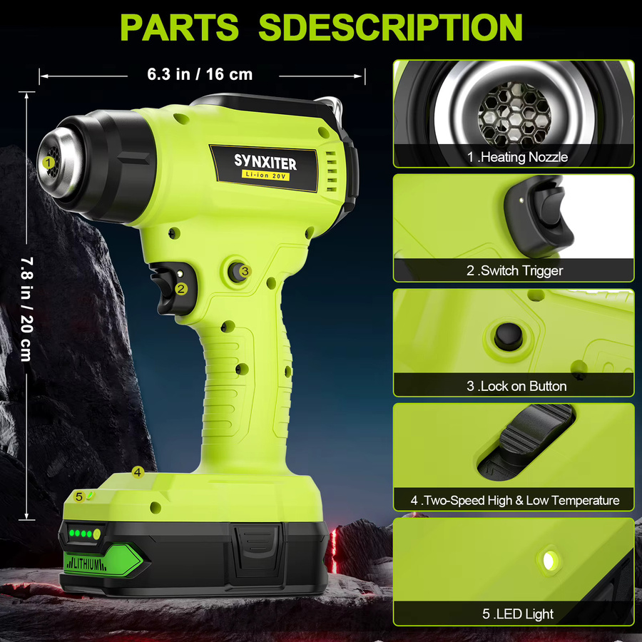 Nananuu Akku-Heißluftpistole für Ryobi 18 V Akku mit 4 Düsen für DIY-Schrumpfarbeiten - Bild 2