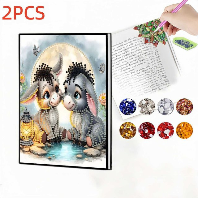 2er-Set Diamond-Painting-Notizbuch mit Lesezeichen aus PU-Leder im Esel-Design, mehrfarbig - Bild 1