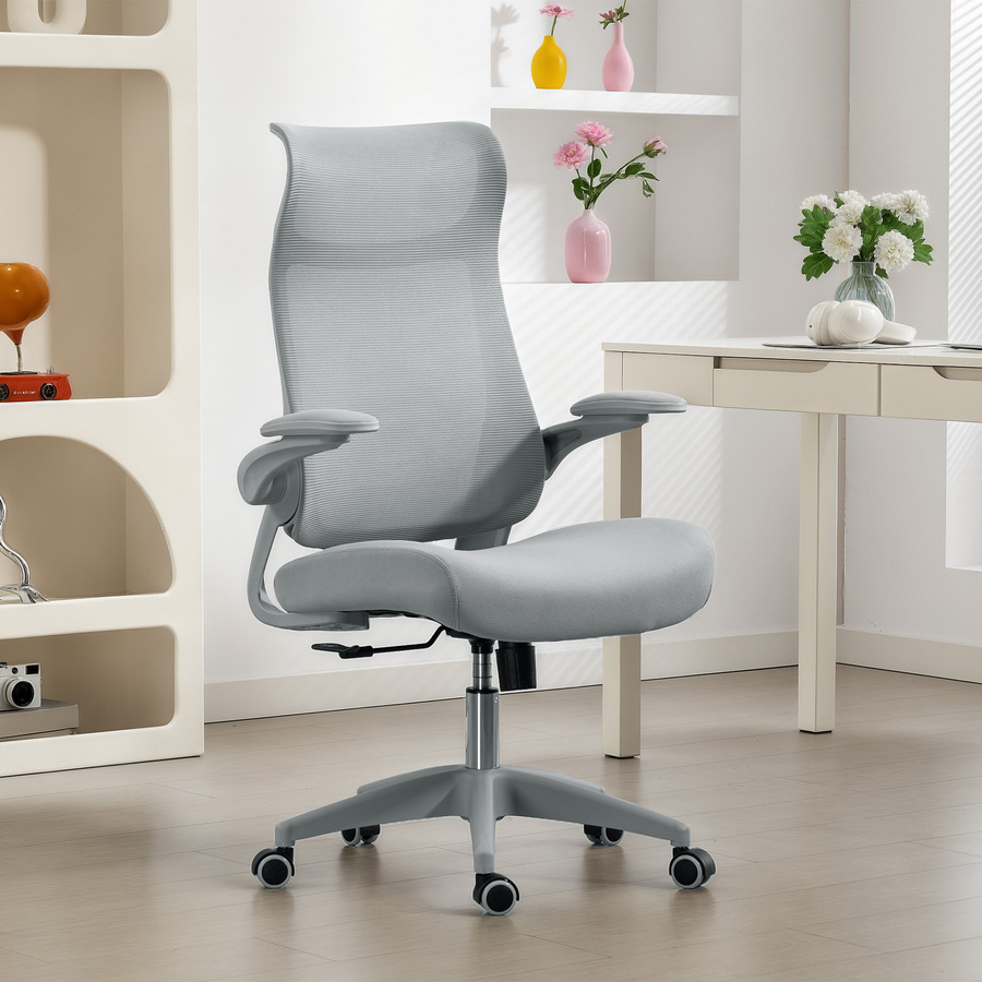 HOMCOM Ergonomischer Dreh-Bürostuhl mit Lendenstütze, klappbaren 3D-Armlehnen und Kopfstütze, grauer Netz-Schreibtischstuhl mit Wippfunktion und Höhenverstellung - Bild 2
