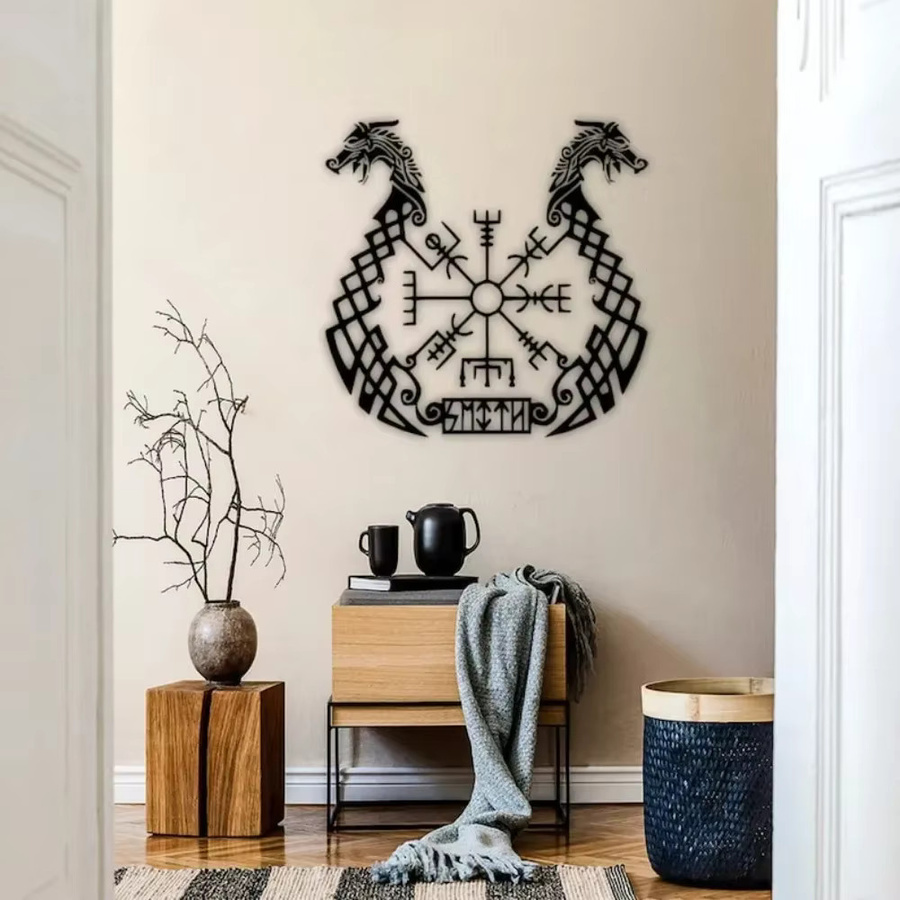 CIFBUY Vegvisir Wikinger Wandkunst aus Metall in Schwarz als nordisches Runensymbol zur Heimdekoration - Bild 3
