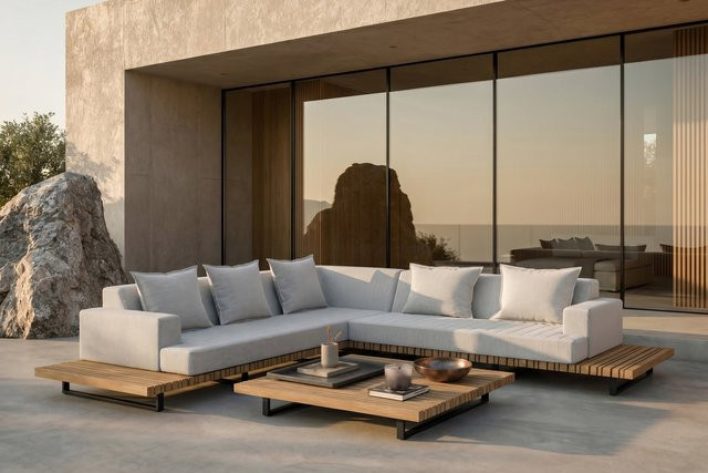 OUTFLEXX Icon Gartenlounge in Hellgrau aus Aluminium und Olefin mit Tisch und 5 Dekokissen, Tisch Breite: 120 cm, Tiefe: 120 cm - Bild 1