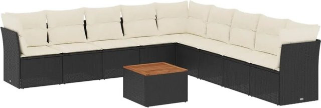 vidaXL 10-tlg Garten-Sofagarnitur in L-Form aus Poly Rattan mit Kissen und Couchtisch, Schwarz - Bild 1